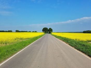 Empty road amidst oilseed rapes on field against sky