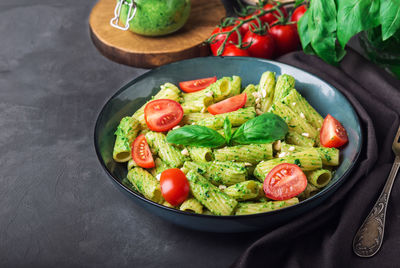 High angle view of salad in bowl on table