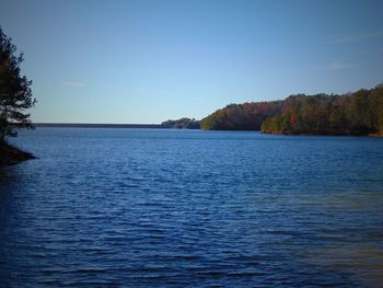 Scenic view of lake against clear blue sky