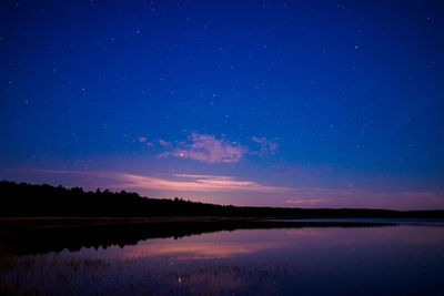 Scenic view of lake against blue sky at night