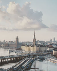 Bridge over river with buildings in background of stockholm port