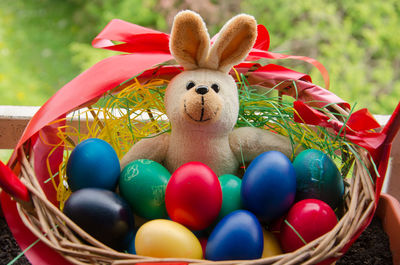 Close-up of multi colored easter eggs in basket