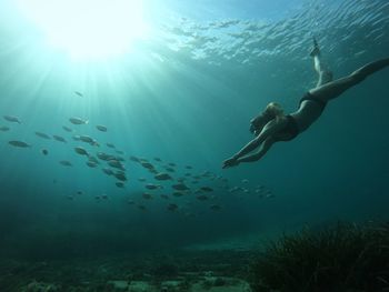 Woman swimming by fishes in sea