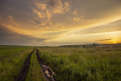 Scenic view of field against sky during sunset