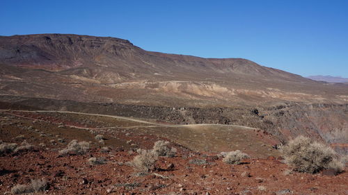 Scenic view of desert against clear blue sky