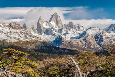 Scenic view of snowcapped mountains against sky