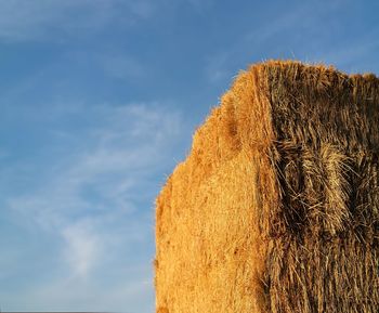 Low angle view of hay bales on field against sky