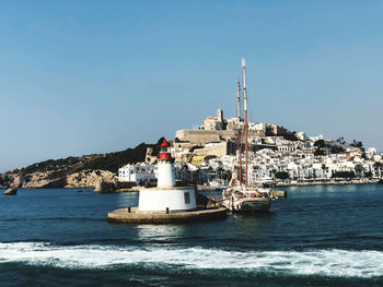 View of lighthouse by sea against clear sky