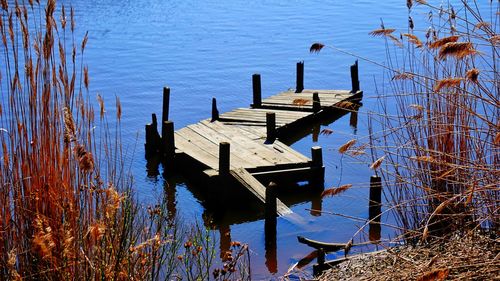 Lifeguard hut in lake during winter
