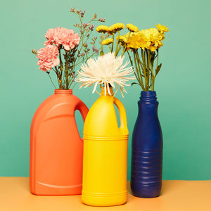 Various blooming flowers placed in colorful plastic bottles from detergents showing concept of reusable containers