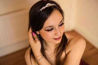 High angle view of woman wearing tiara