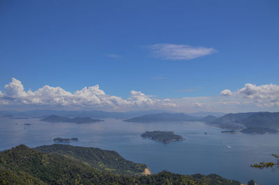 Scenic view of sea and mountains against sky