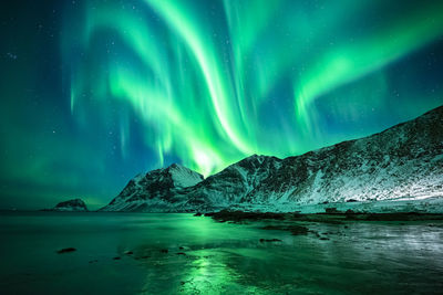 Scenic view of snowcapped mountains against sky at night