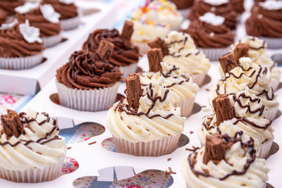 High angle view of cupcakes on table