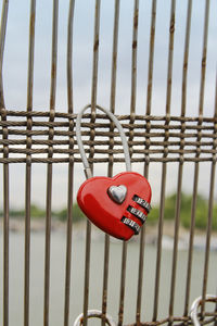 Heart shape padlocks hanging on the fence of passerelle leopold sedar senghor footbridge in paris