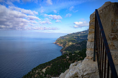 Scenic view of sea by mountain against sky