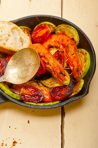 High angle view of seafood in plate on table