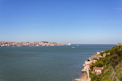 Scenic view of sea by buildings against clear blue sky