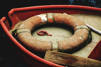 High angle view of old lifebuoy