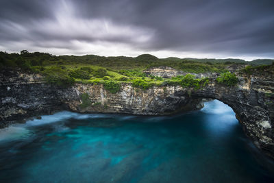 Scenic view of waterfall against cloudy sky