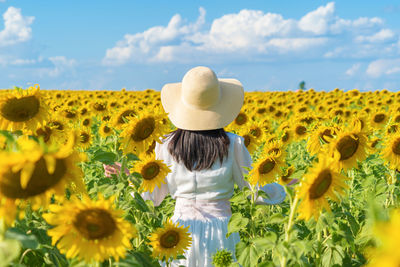 Rear view of woman wearing hat while standing on sunflowers field against sky