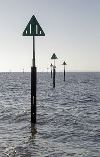 Road sign by sea against clear sky