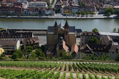 High angle view of buildings by river in city