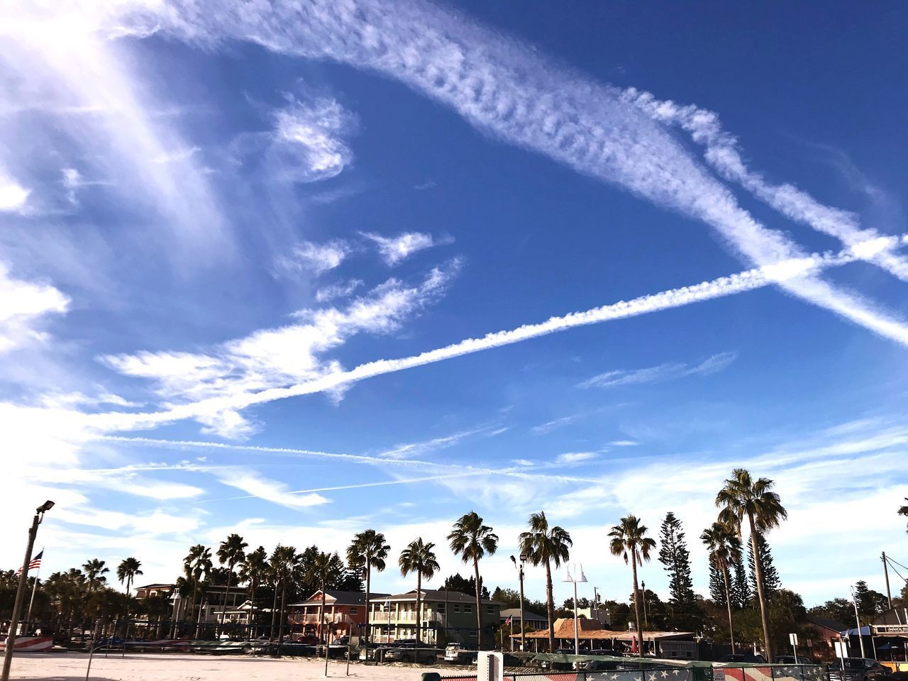 LOW ANGLE VIEW OF PALM TREES AND VAPOR TRAIL IN SKY