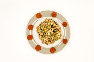 Directly above shot of food in plate against white background