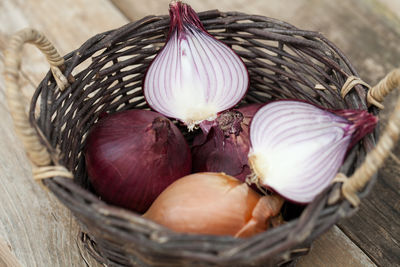 Close-up of eggs in basket on table