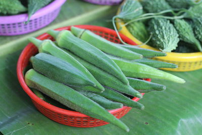 High angle view of fruits and leaves in container