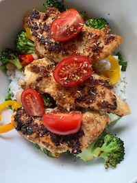 High angle view of food served in plate