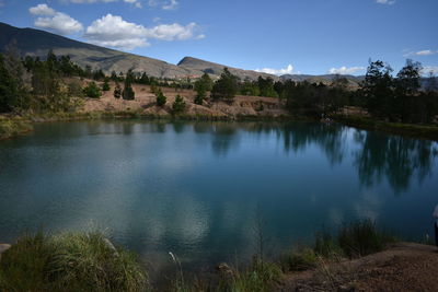 Scenic view of river with mountain in background