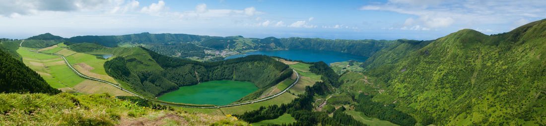 Panoramic view of green landscape against sky