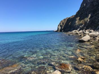 Scenic view of blue sea against clear sky on sunny day