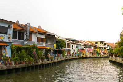 Buildings by river against clear sky