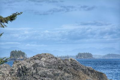 Scenic view of rocks by sea against sky