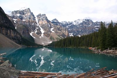 Scenic view of lake and snowcapped mountains against sky