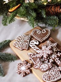 High angle view of christmas decorations on table