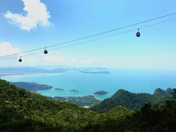 Overhead cable cars over mountains against sky