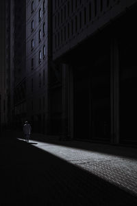 Shadow of man walking on building at night