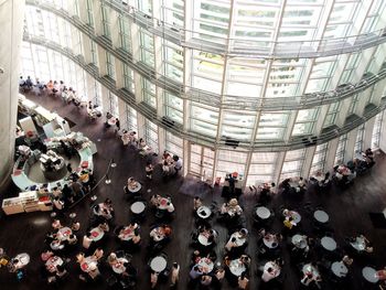 High angle view of people in corridor