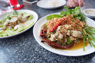 Close-up of food served on table