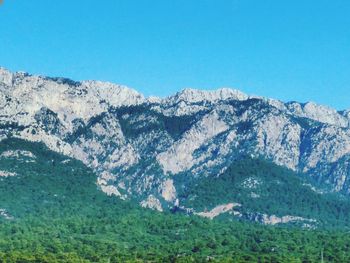 Scenic view of rocky mountains against clear blue sky