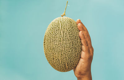 Close-up of hand holding fruit against blue sky