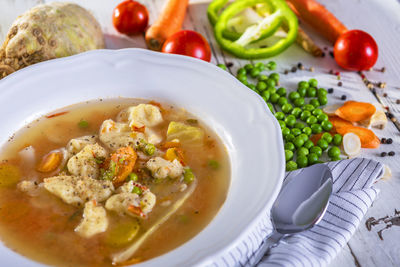 High angle view of soup in bowl on table