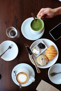 High angle view of breakfast on table