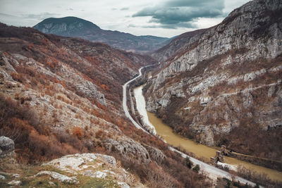 Beautiful picture of the canyon in serbia, with river and the highway in the middle. autumn colors