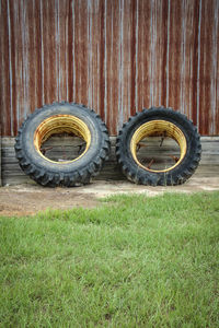 Close-up of tire on grass