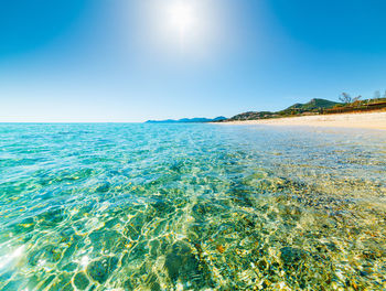 Scenic view of sea against clear sky on sunny day